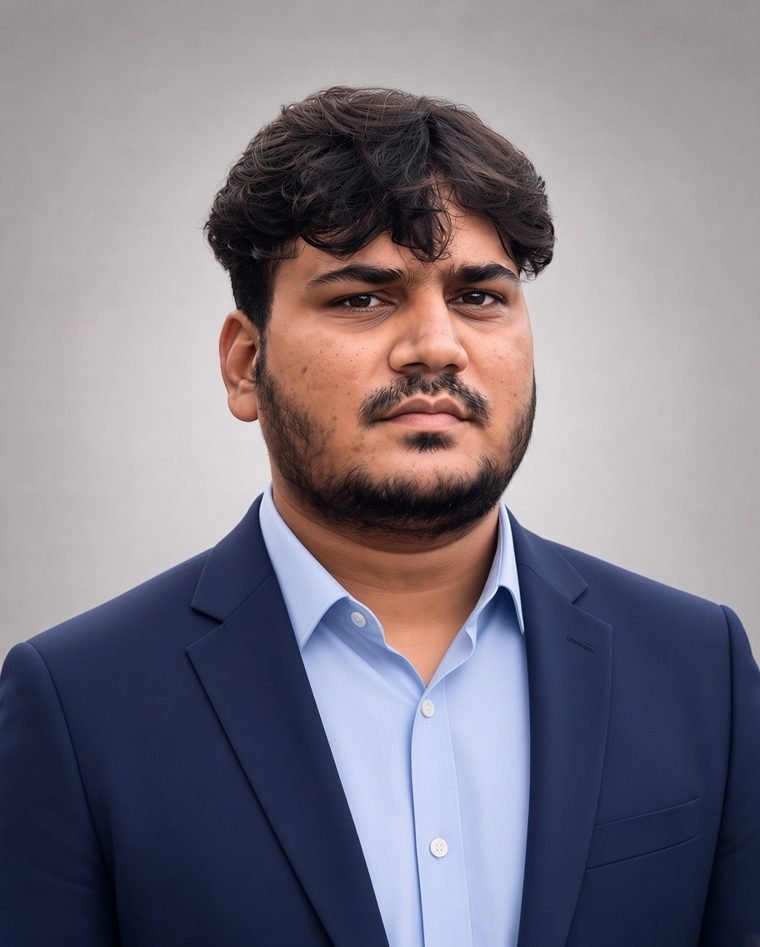 Portrait of Sabbir Rahman in a navy blazer and light blue shirt